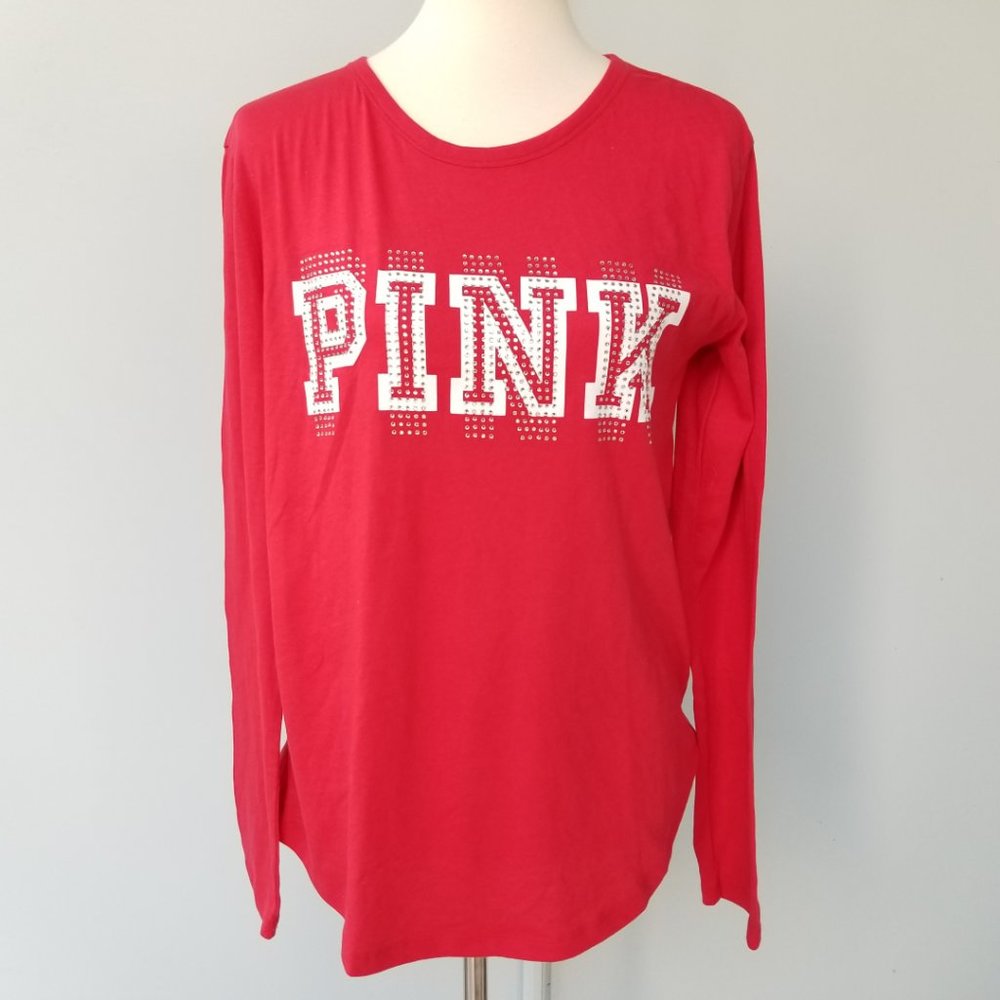 VS PINK Shirt Logo Rhinestones Long Slv NEW Flaw - Picture 1 of 8